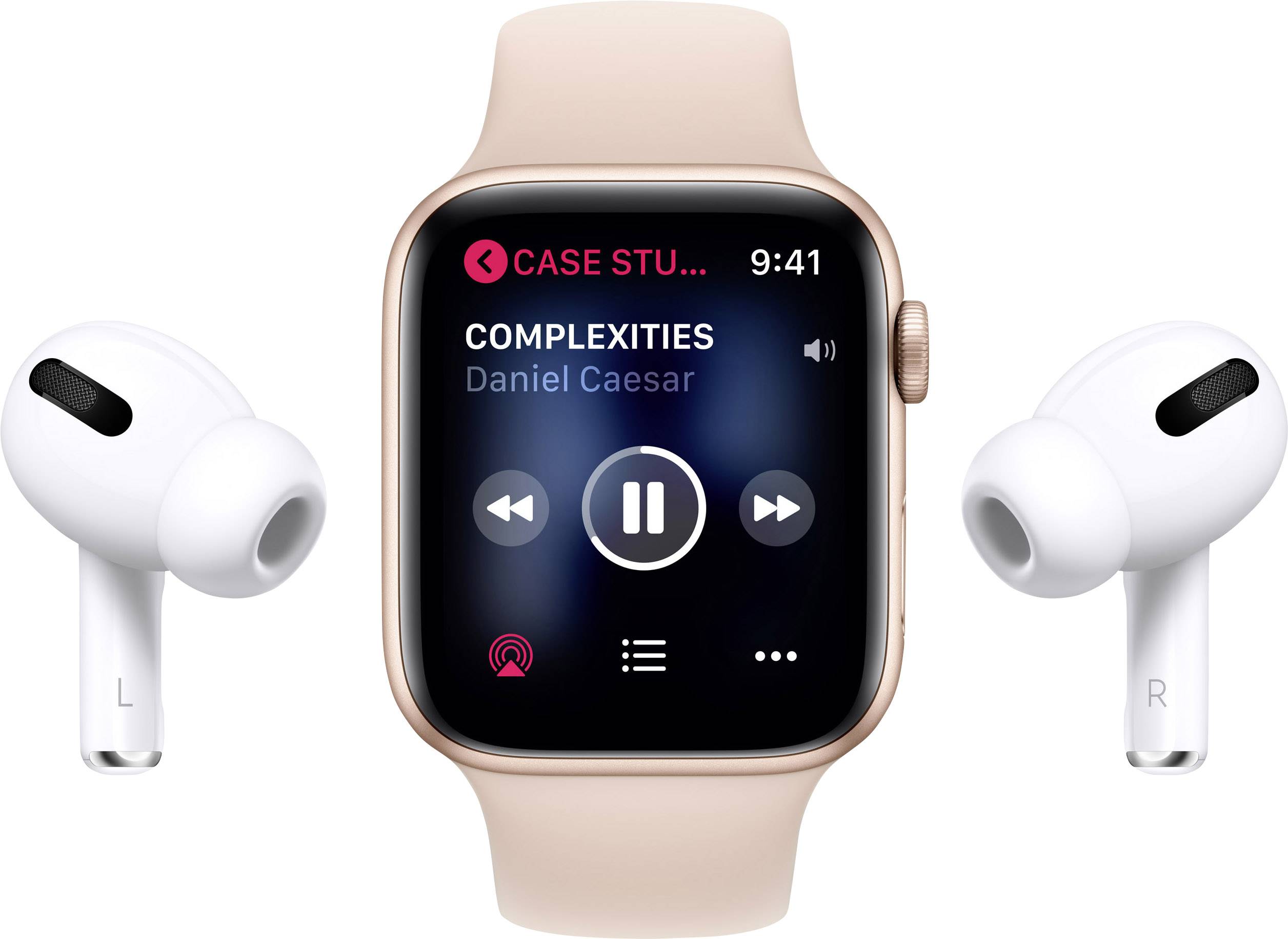 Eine Smartwatch zeigt den Song 'Complexities' von Daniel Caesar an. Zwei kabellose Ohrhörer befinden sich links und rechts neben der Uhr.