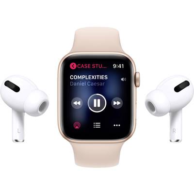 Eine Smartwatch zeigt den Song 'Complexities' von Daniel Caesar an. Zwei kabellose Ohrhörer befinden sich links und rechts neben der Uhr.