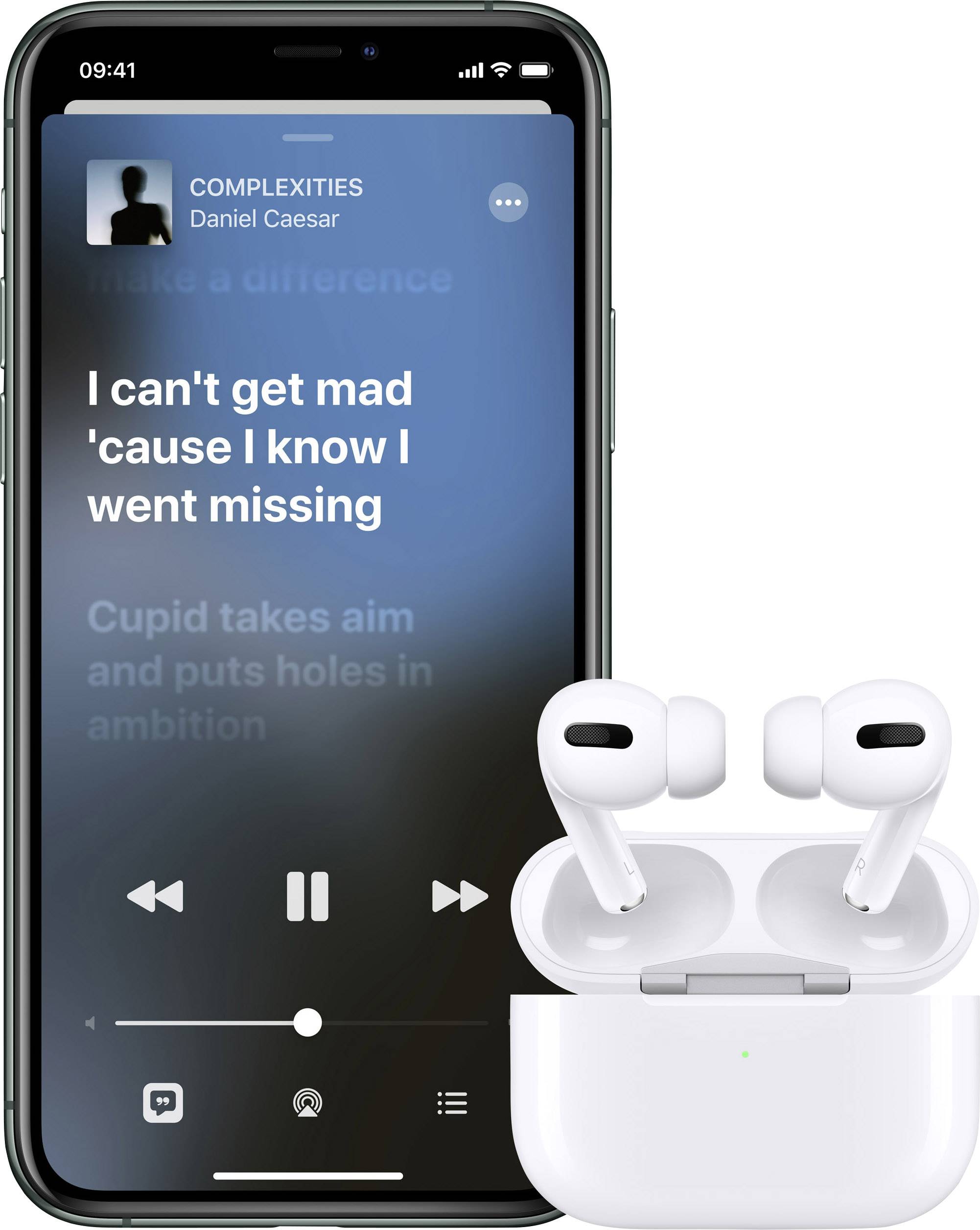 Ein Smartphone zeigt einen Musik-Player mit einem Lied von Daniel Caesar namens 'Complexities'. Daneben liegen kabellose Kopfhörer.
