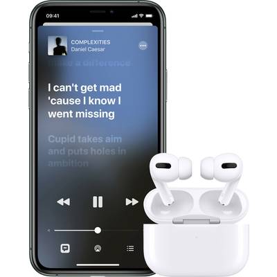 Ein Smartphone zeigt einen Musik-Player mit einem Lied von Daniel Caesar namens 'Complexities'. Daneben liegen kabellose Kopfhörer.