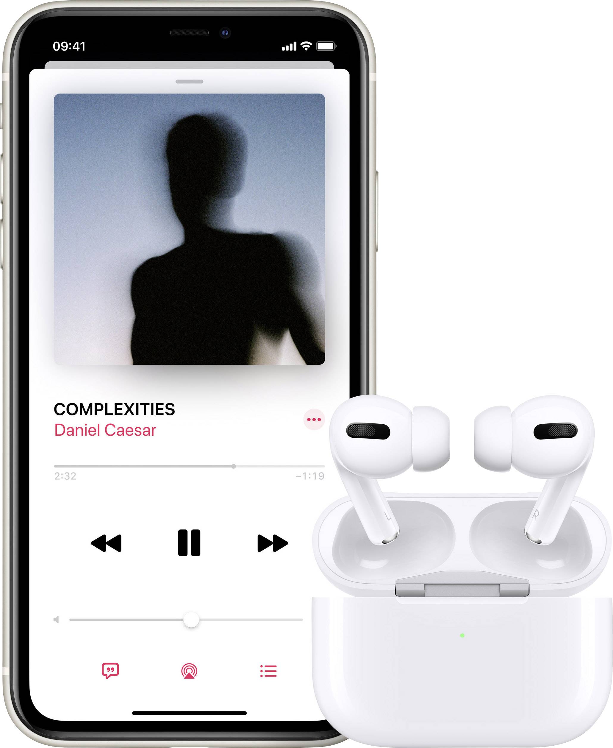 Ein Smartphone zeigt einen Musik-Player mit einem Lied 'COMPLEXITIES' von Daniel Caesar. Daneben liegen kabellose Ohrhörer.