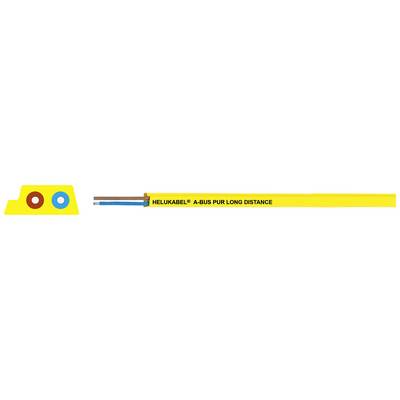 Gelbes Kabel mit zwei inneren Leitungen, braun und blau. Beschriftung: 'HALOGEN-FREE - 0,6/1kV LON DISTANCE'.