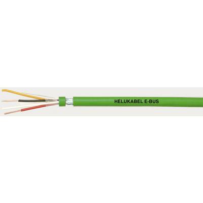 Grünes Kabel mit Aufschrift 'HELUKABEL E-BUS', zeigt freigelegte bunte Drähte am Ende, geeignet für Busverkabelung.