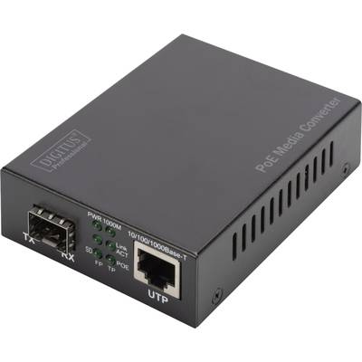 'PoE Media Converter' mit Anschlüssen für Glasfaser und Ethernet, zeigt LED-Anzeigen für Status und Verbindung. Marke: Digitus.
