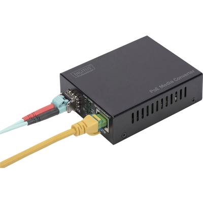 'PoE Media Converter' mit mehreren Kabelverbindungen, einschließlich eines gelben Ethernet-Kabels und zwei Glasfaserkabeln.