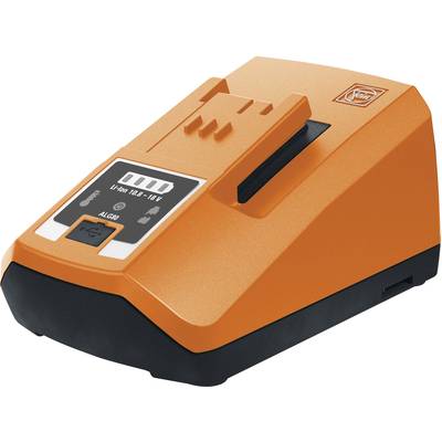 Ein orangefarbenes Ladegerät für Li-Ion Akkus, mit einer Anzeige für den Ladestatus und einem Steckplatz zum Einsetzen des Akkus.