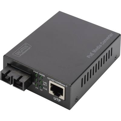 'PoE Media Converter' in schwarzem Gehäuse, zeigt Anschlüsse und Status-LEDs für Netzwerkverbindung und Stromversorgung.