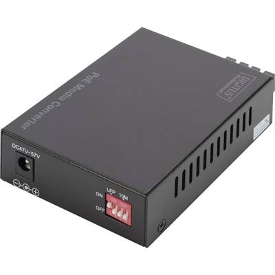 Ein schwarzer PoE-Medienkonverter mit Beschriftungen und Anschlüssen auf der Vorderseite, für Netzwerktechnik-Anwendungen.