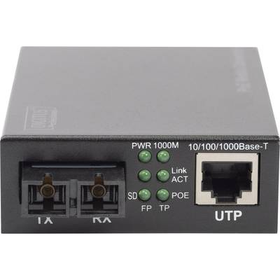 Ein Medienkonverter mit Anschlüssen für Glasfaser und Ethernet, LEDs für Power, Link, und POE-Anzeige.
