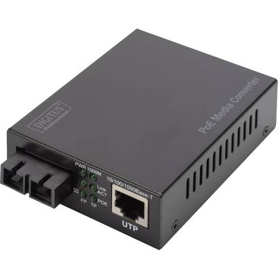 'PoE Media Converter in schwarzem Gehäuse mit Ethernet- und Glasfaseranschlüssen, geeignet für Netzwerkanwendungen.'
