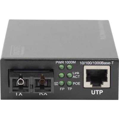 Ein Medienkonverter mit Anschlüssen für Glasfaser (links) und Ethernet (rechts). LEDs zeigen Stromstatus und Aktivität an.