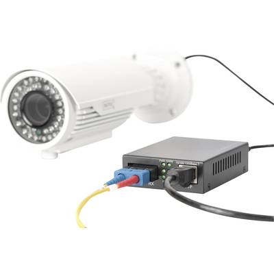 Überwachungskamera mit verbundenem Glasfasermodul, zeigt die technische Verbindung für die Videoübertragung.