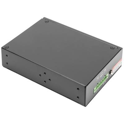 Ein schwarzes, rechteckiges elektrisches Gerät mit mehreren Anschlussmöglichkeiten an der Seite.