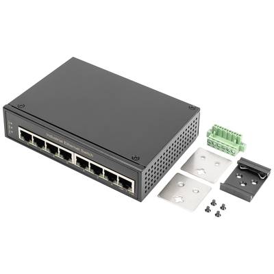 Ein schwarzer industrieller Ethernet-Switch mit sieben Anschlüssen, abgebildet mit Montagezubehör und Schrauben auf weißem Hintergrund.