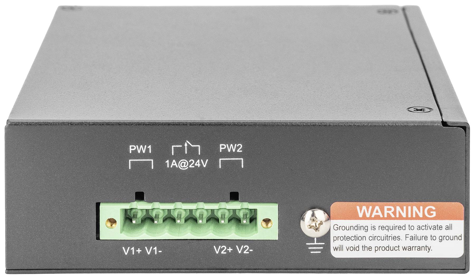 Schwarzes elektronisches Gerät mit grünem Anschlussblock für V1+, V1-, V2+, V2-. Warnaufkleber weist auf Erdungsanforderung hin.