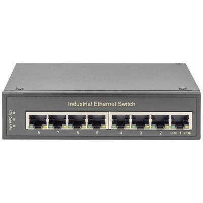 Ein Industrie-Ethernet-Switch mit acht Ethernet-Ports, beschriftet mit 'Industrial Ethernet Switch'. Geeignet für industrielle Netzwerke.