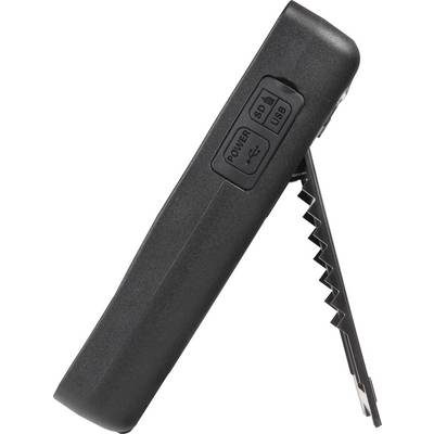 Ein schwarzes, tragbares Gerät mit angewinkeltem Ständer. Seitlich sind Beschriftungen für 'Power', 'DC', und 'USB' sichtbar.