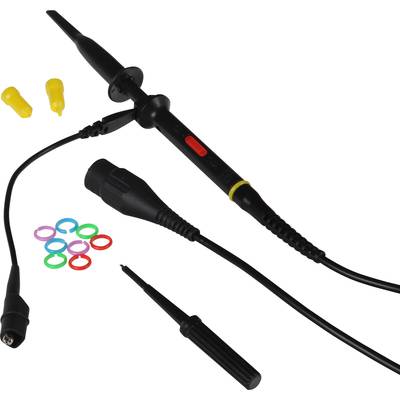 Ein schwarzes Oszilloskop-Tastkopf mit verschiedenen Farbringen und zwei gelben Schutzkappen, geeignet für elektrische Messungen.