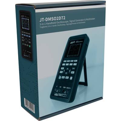 JT-DMSO2D72: Tragbares 3-in-1 Gerät zeigt Oszilloskop, Signalgenerator und Multimeter auf Verpackung mit Bild des Produkts.