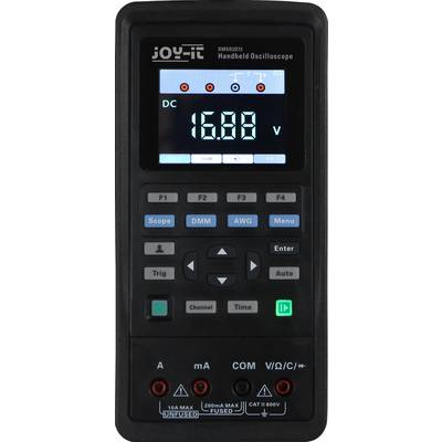 Tragbares Oszilloskop mit beleuchtetem Display zeigt '16,88 V'. Tasten für Funktionen wie 'Scope', 'DMM', 'Trig', und 'Auto'.
