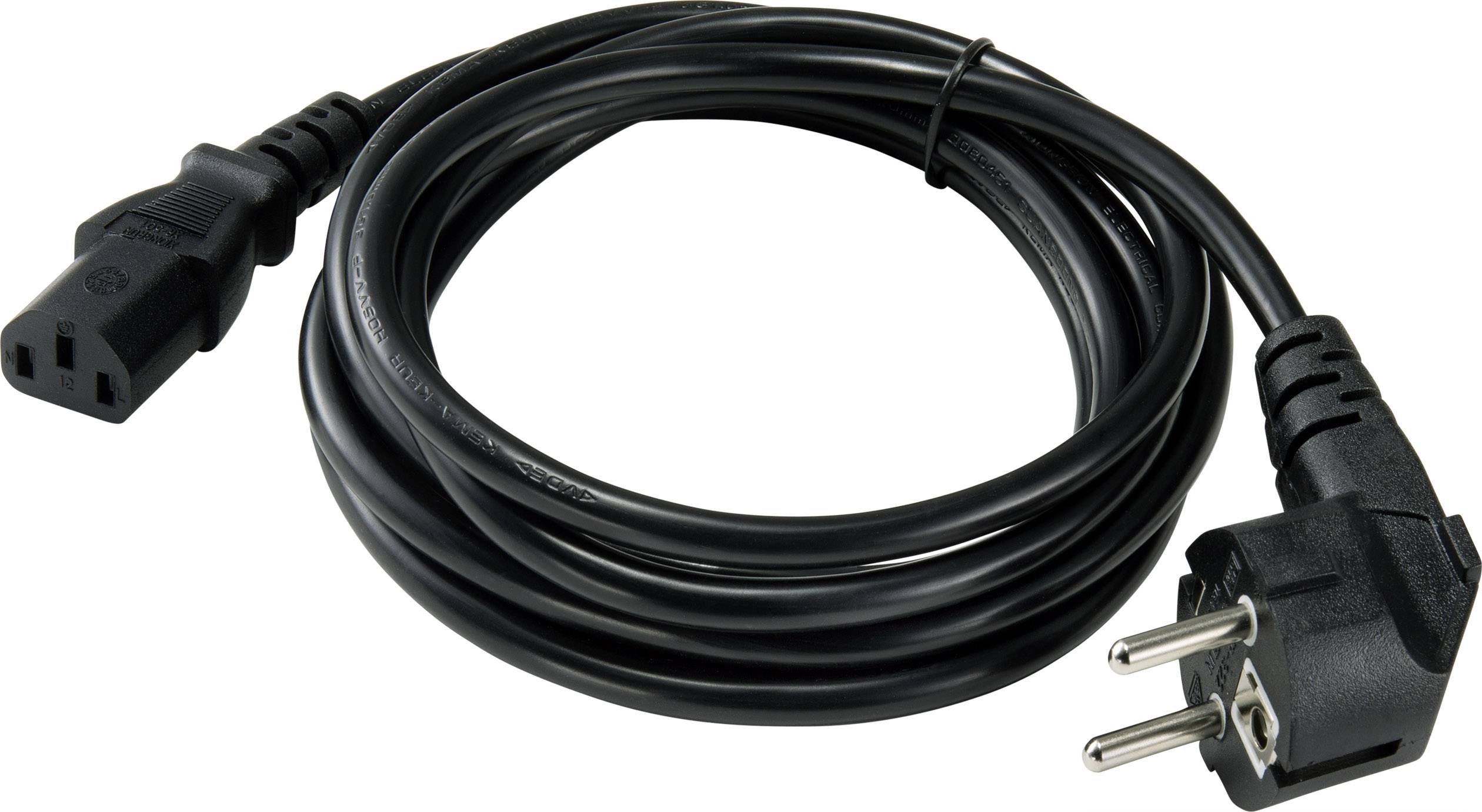 Stromkabel mit einem Europlug-Stecker und einem Kaltgerätestecker, zusammengerollt und schwarz. Geeignet für elektronische Geräte.