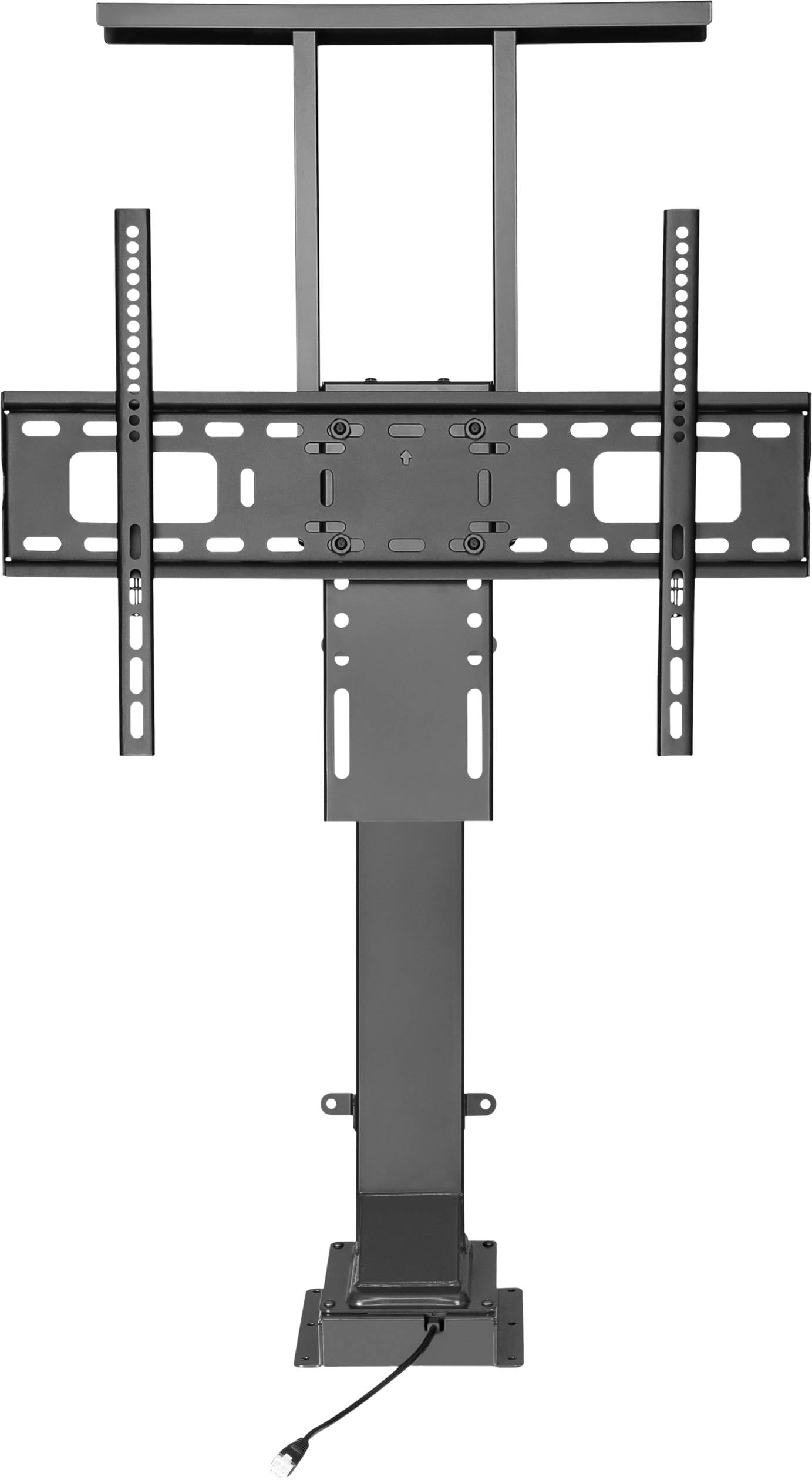 TV-Deckenhalterung aus Metall mit verstellbarer Stange, Montageplatte und Kabel zur Stromversorgung.