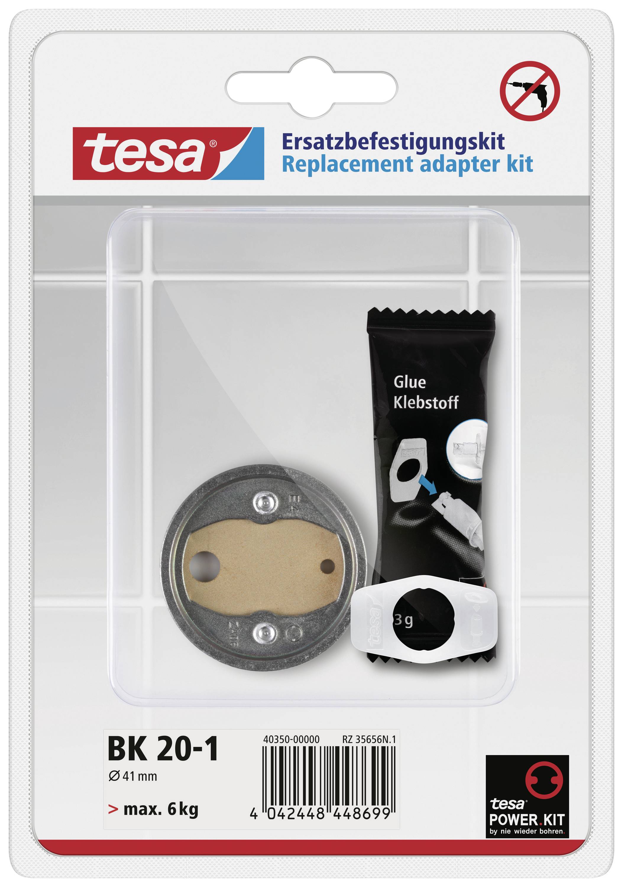 'Ersatzbefestigungskit BK 20-1 von tesa für bis zu 6 kg, enthält einen Adapterring und Klebstoff.'