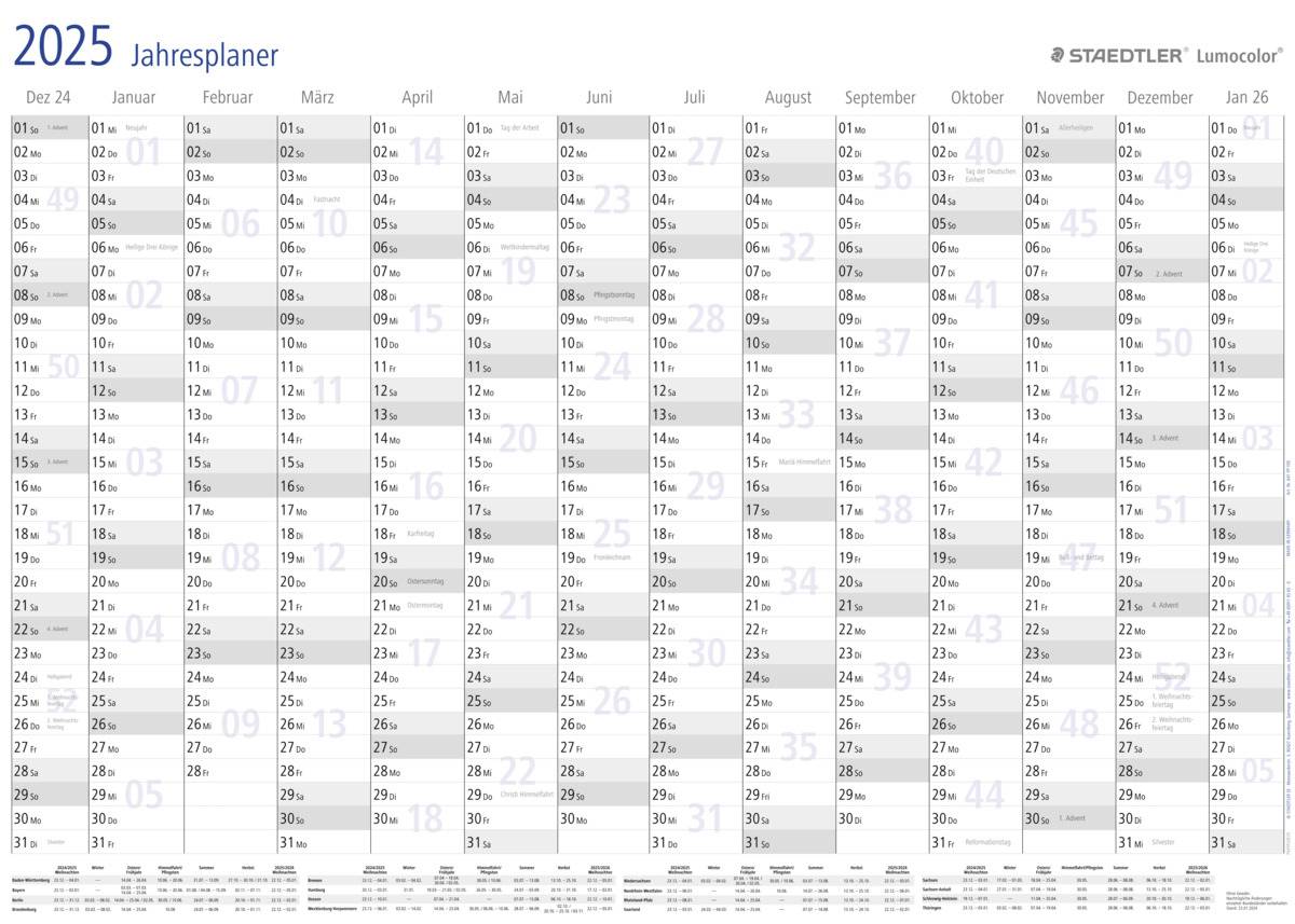 STAEDTLER Jahresplaner - Lumocolor, trocken abwischbar Format: 594 x 841 mm, aus Kunststoff, mit Fer