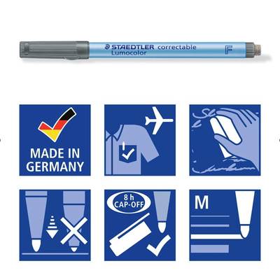 Blauer Staedtler Lumocolor Korrekturstift, hergestellt in Deutschland. Symbole zeigen: Made in Germany, Flugzeug, Abwischfunktion, 8 Stunden Kappen-Off-Zeit, feine Spitze.