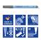 Blauer Staedtler Lumocolor Korrekturstift, hergestellt in Deutschland. Symbole zeigen: Made in Germany, Flugzeug, Abwischfunktion, 8 Stunden Kappen-Off-Zeit, feine Spitze.