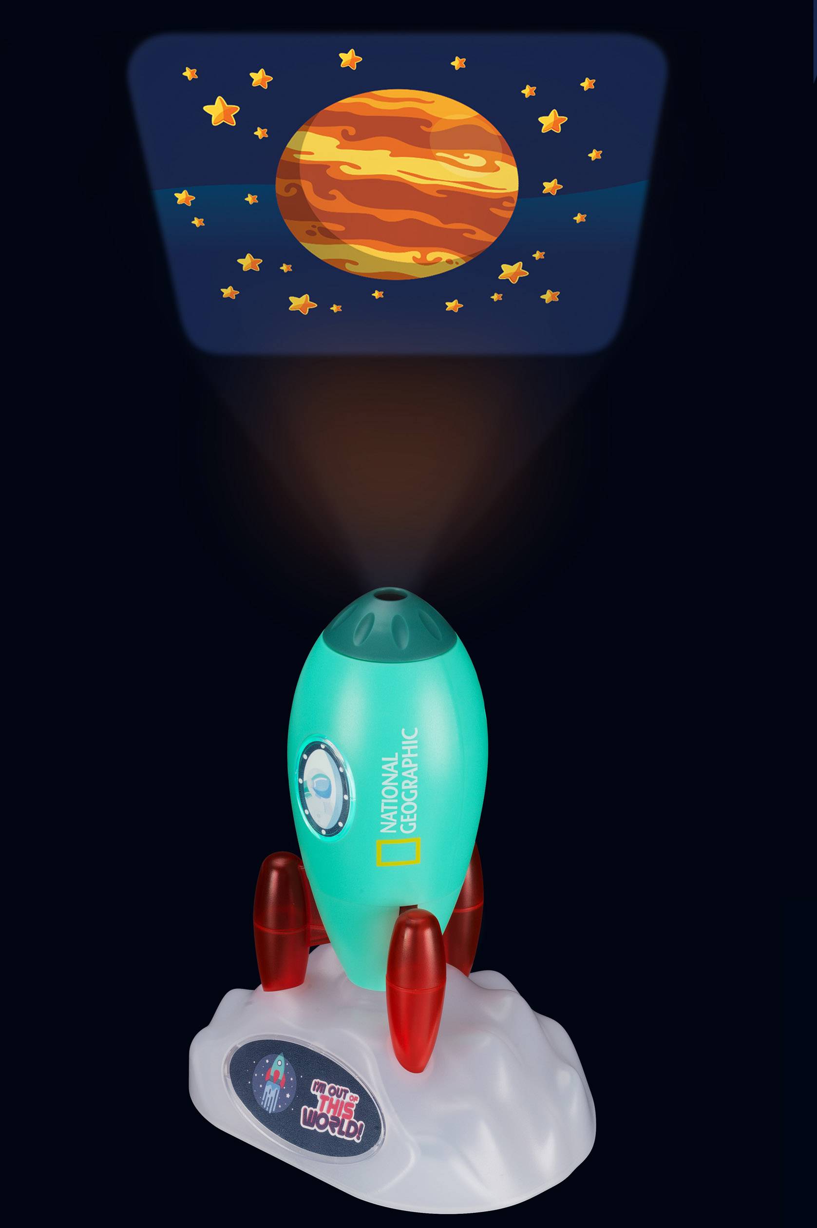 Eine grüne Raketen-Spielzeug-Projektionslampe projiziert ein Bild eines orange-roten Planeten mit Sternen auf einem dunklen Hintergrund.