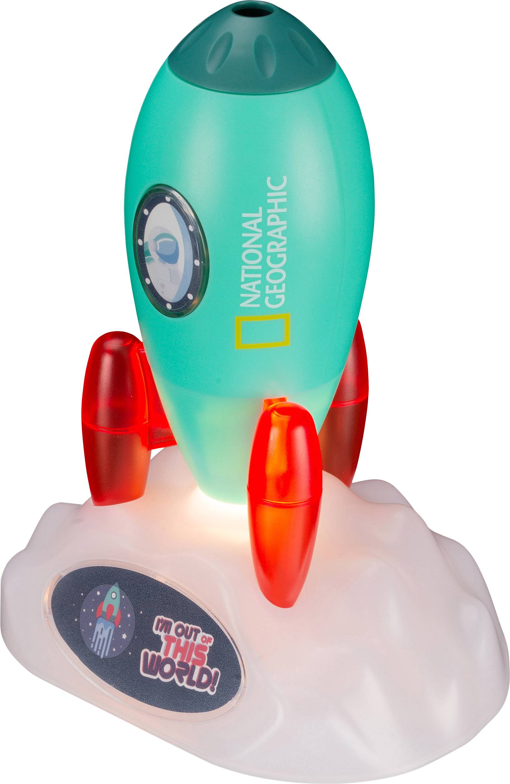 Spielzeugrakete mit National Geographic Logo, beleuchtet, auf Mondbasis. Text auf Basis: 'I'm Out This World'.