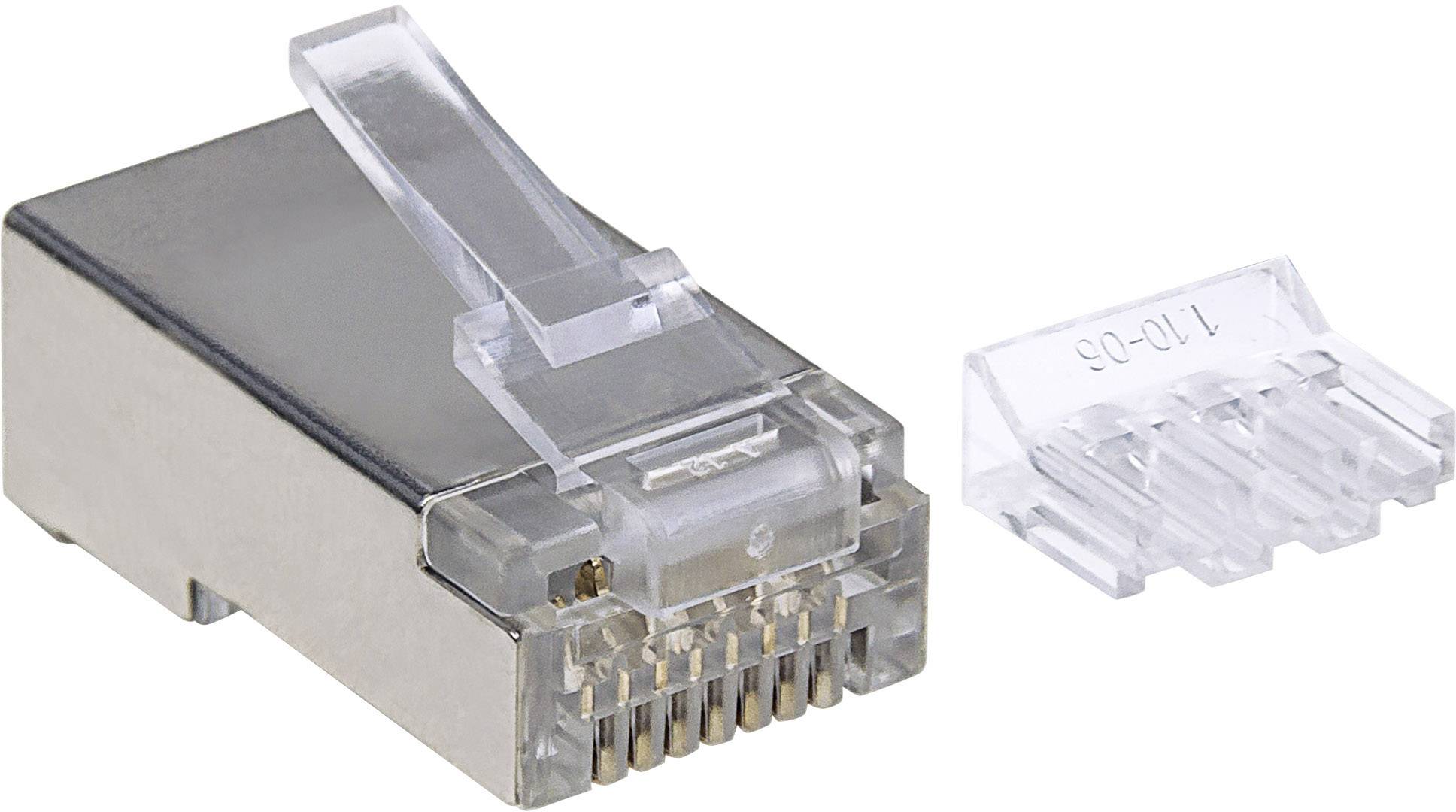 'RJ45-Stecker' und 'Kabelbinderhülse' aus Kunststoff und Metall. Verwendet für Netzwerkkabelverbindungen in IT- und Kommunikationssystemen.