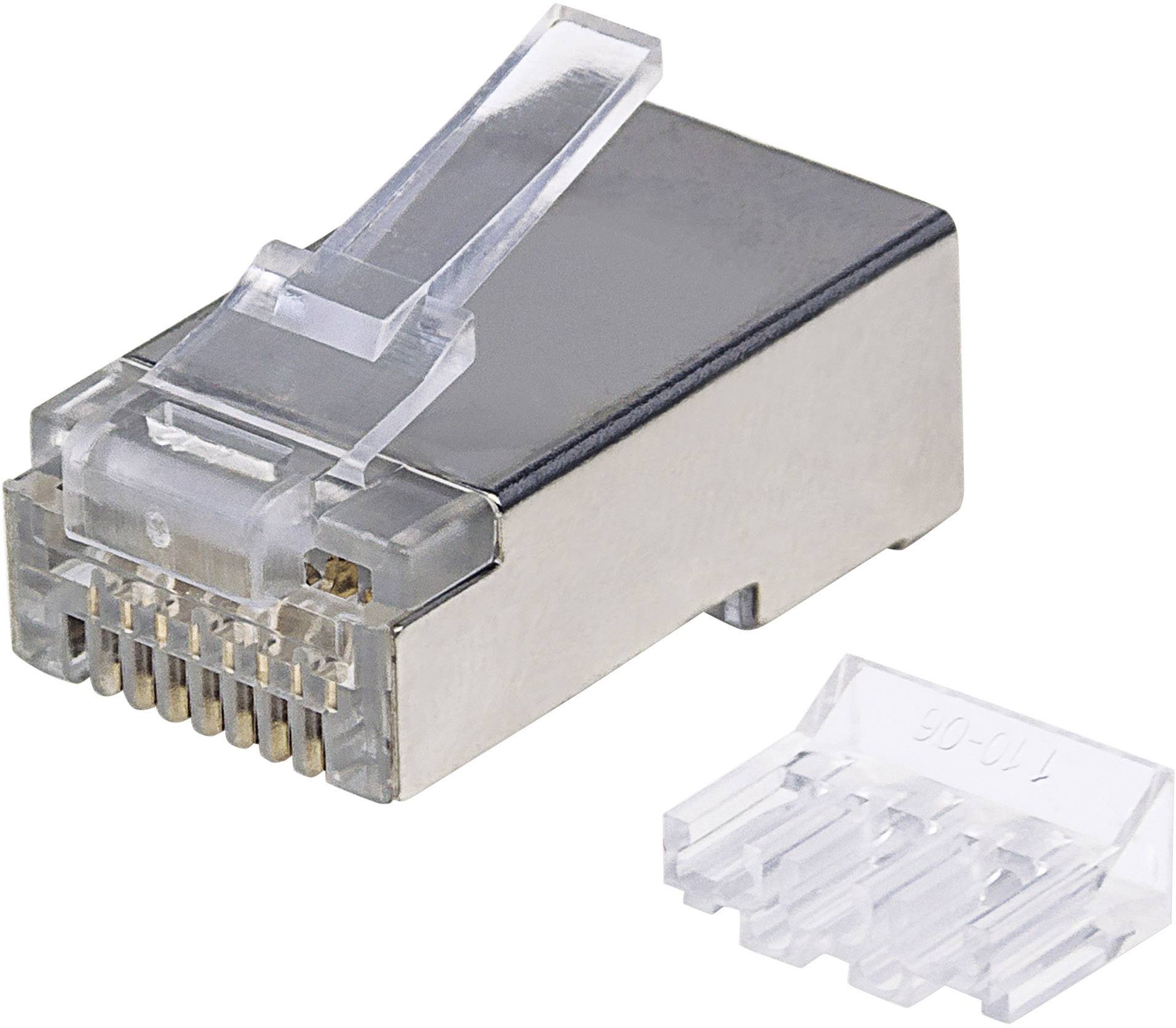 Ein RJ45-Stecker mit transparentem Kunststoffverschluss und Metallgehäuse, daneben eine separate, durchsichtige Kunststoffkappe.
