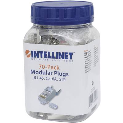 Eine Plastikdose mit 70 modularen RJ-45-Steckern, Cat6A, STP, von Intellinet Network Solutions.