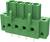 Grüner Steckverbinder mit fünf Buchsen und vier Metallstiften, seitlich Löcher zur Befestigung; häufig in elektrischen Schaltkreisen verwendet.