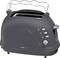 Ein schwarzer Toaster mit zwei Schlitzen und Bedienelementen für Toastgrad, Auftauen und Aufwärmen an der Seite.