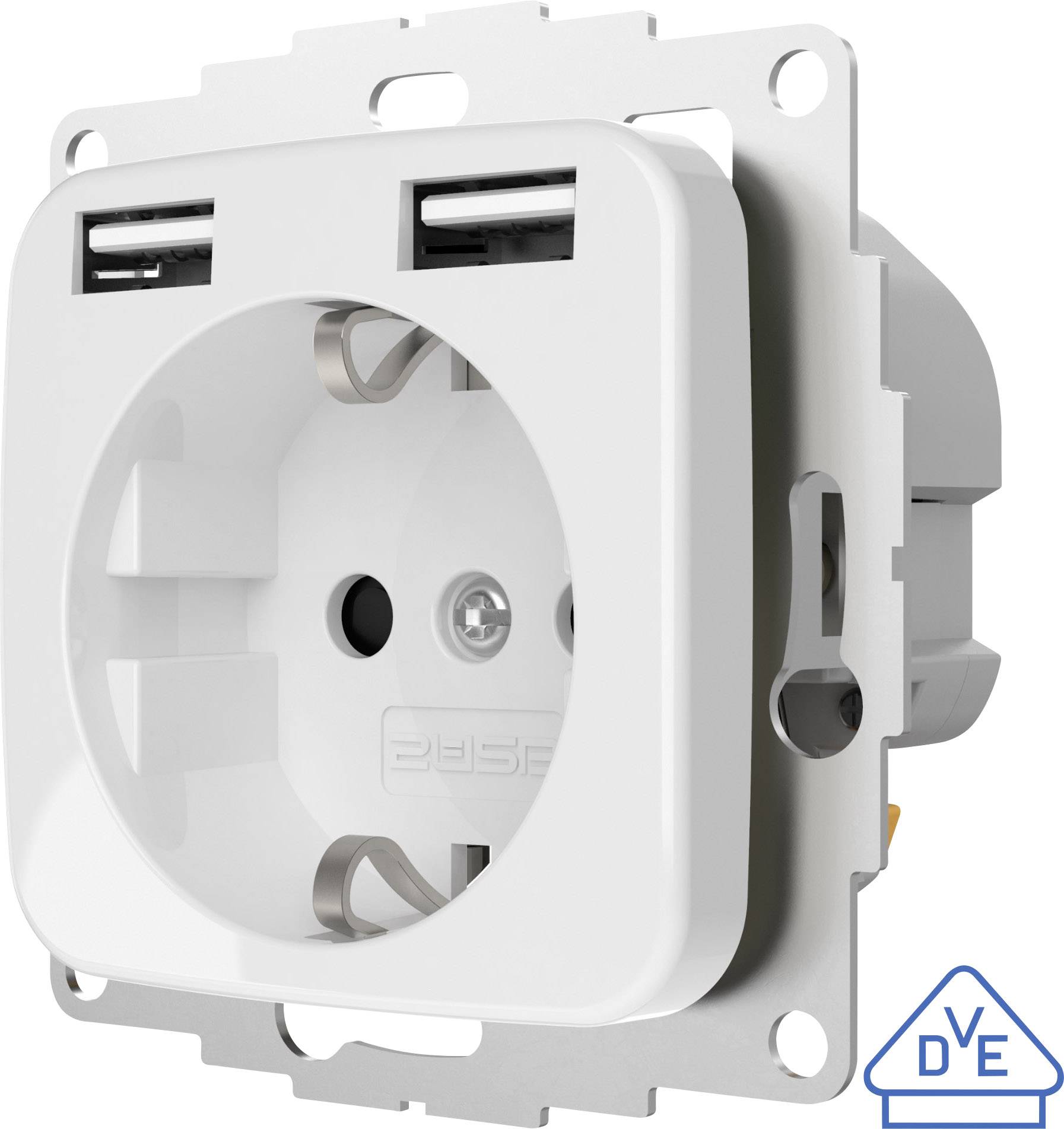 Weiße Steckdose mit zwei USB-Anschlüssen oben, geeignet für gleichzeitiges Laden von Geräten. DVE-Symbol unten rechts.