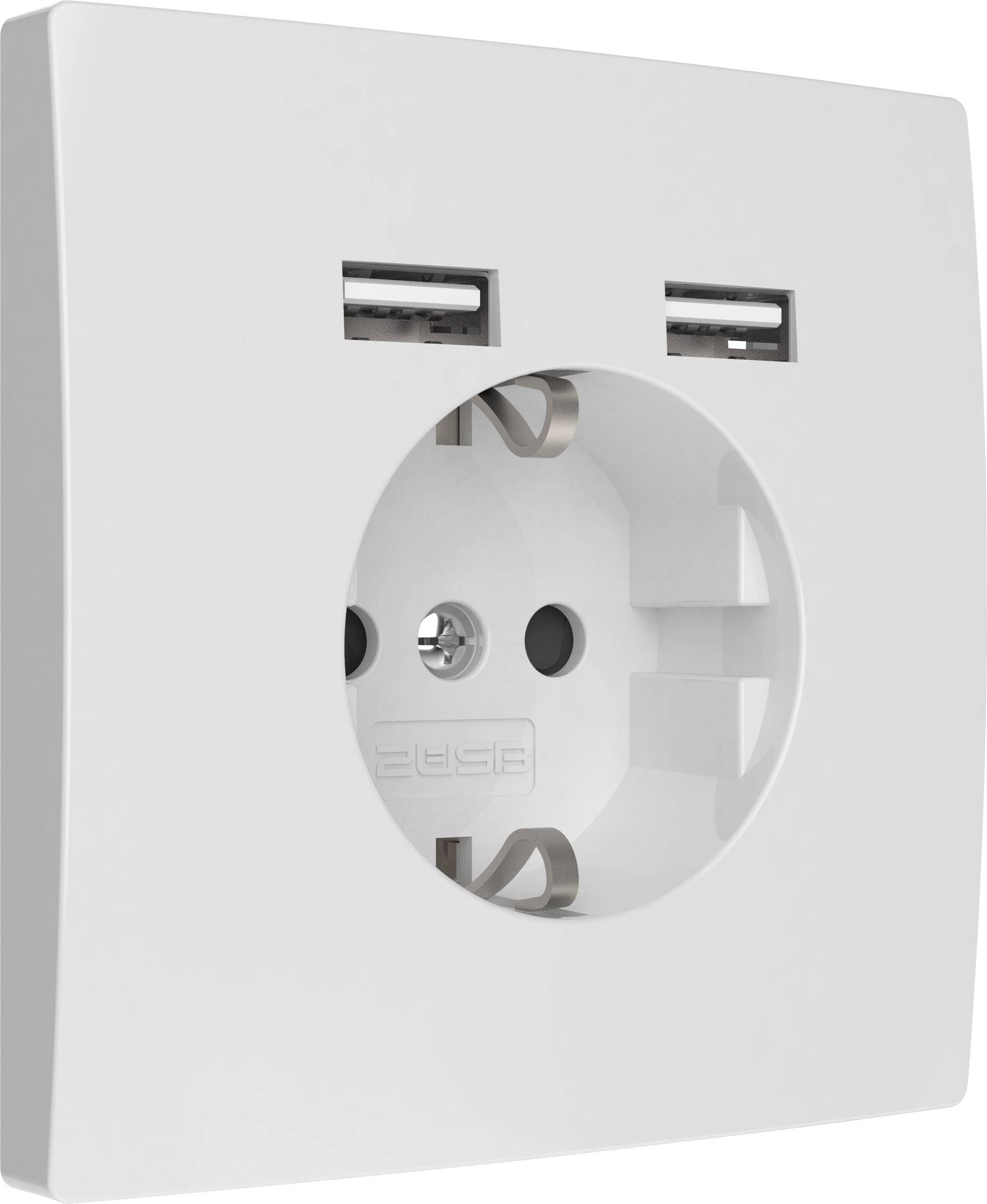 Weiße Wandsteckdose mit zwei USB-Anschlüssen oben. Geeignet zum gleichzeitigen Laden elektronischer Geräte und zum Anschluss von Netzsteckern.