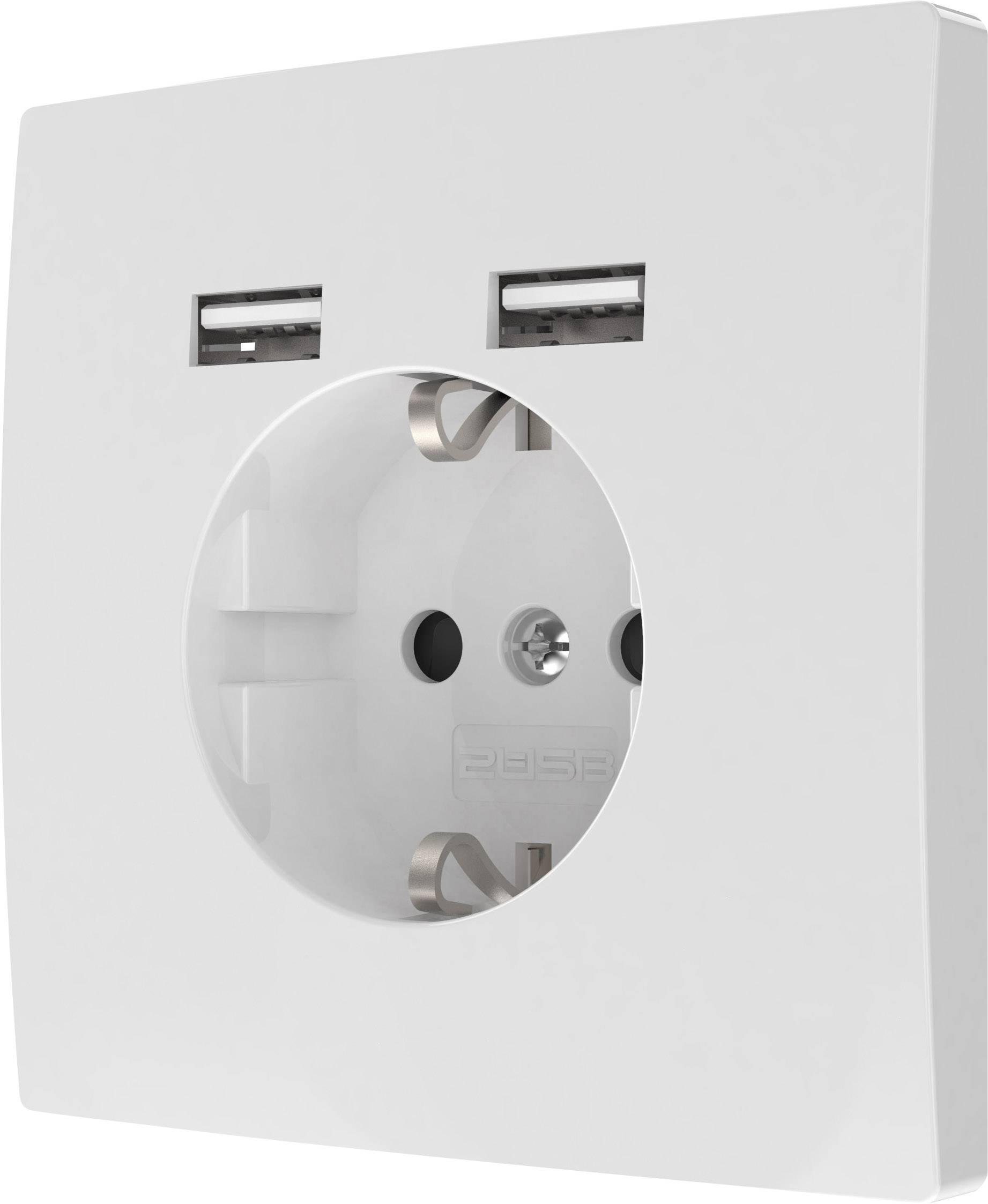 Weiße Wandsteckdose mit zwei USB-Anschlüssen oben.