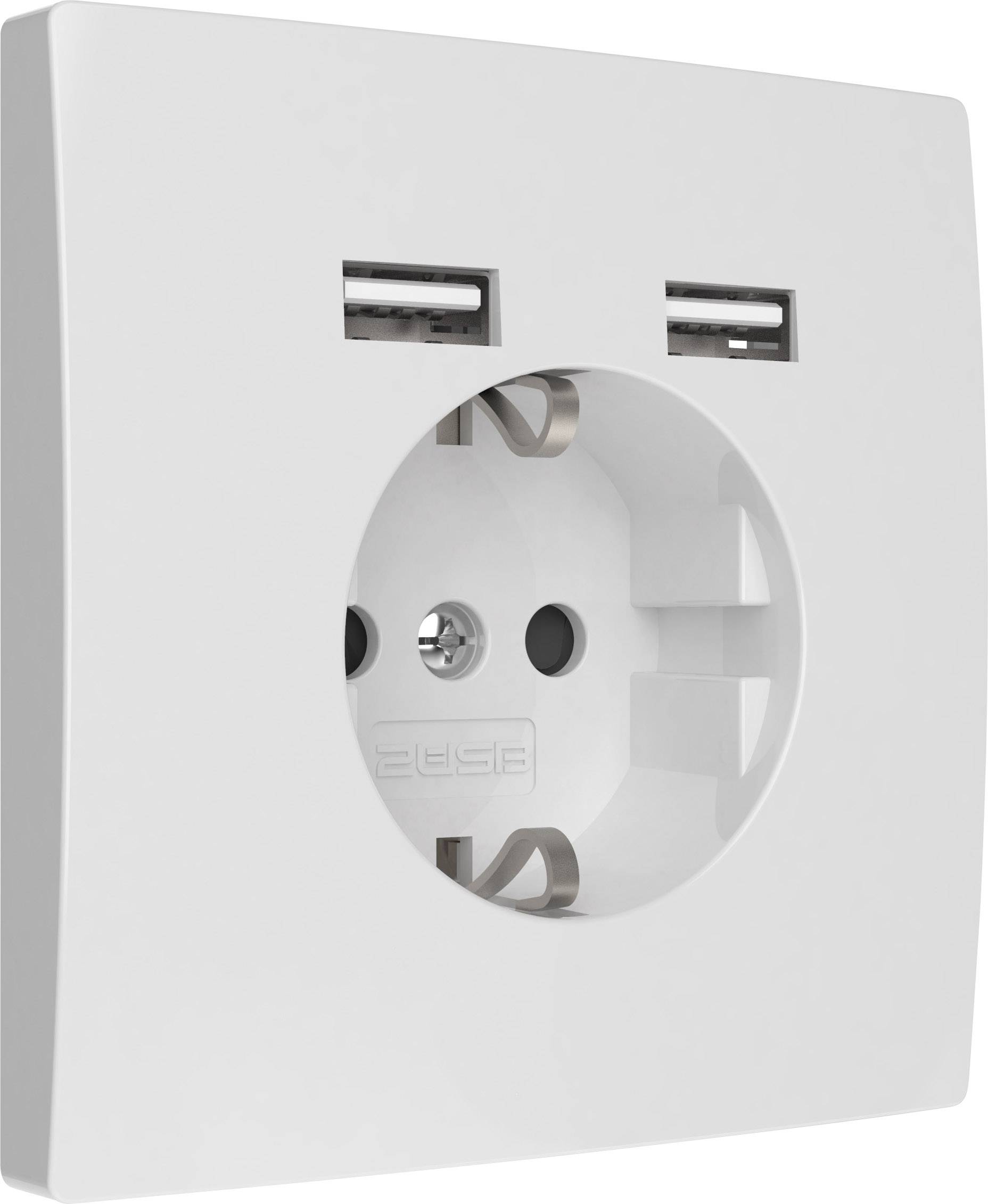 Weiße Steckdose mit zwei USB-Anschlüssen darüber, geeignet zum gleichzeitigen Laden von USB-Geräten und zum Anschließen von Elektrogeräten.