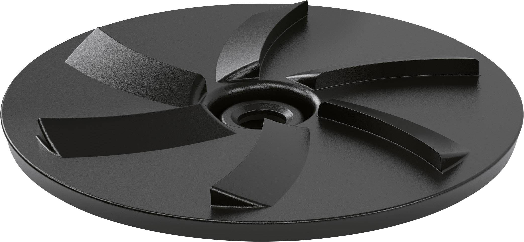 Schwarzes rundes Objekt mit fünf gebogenen, erhabenen Flügeln, die von einem zentralen Punkt ausgehen.