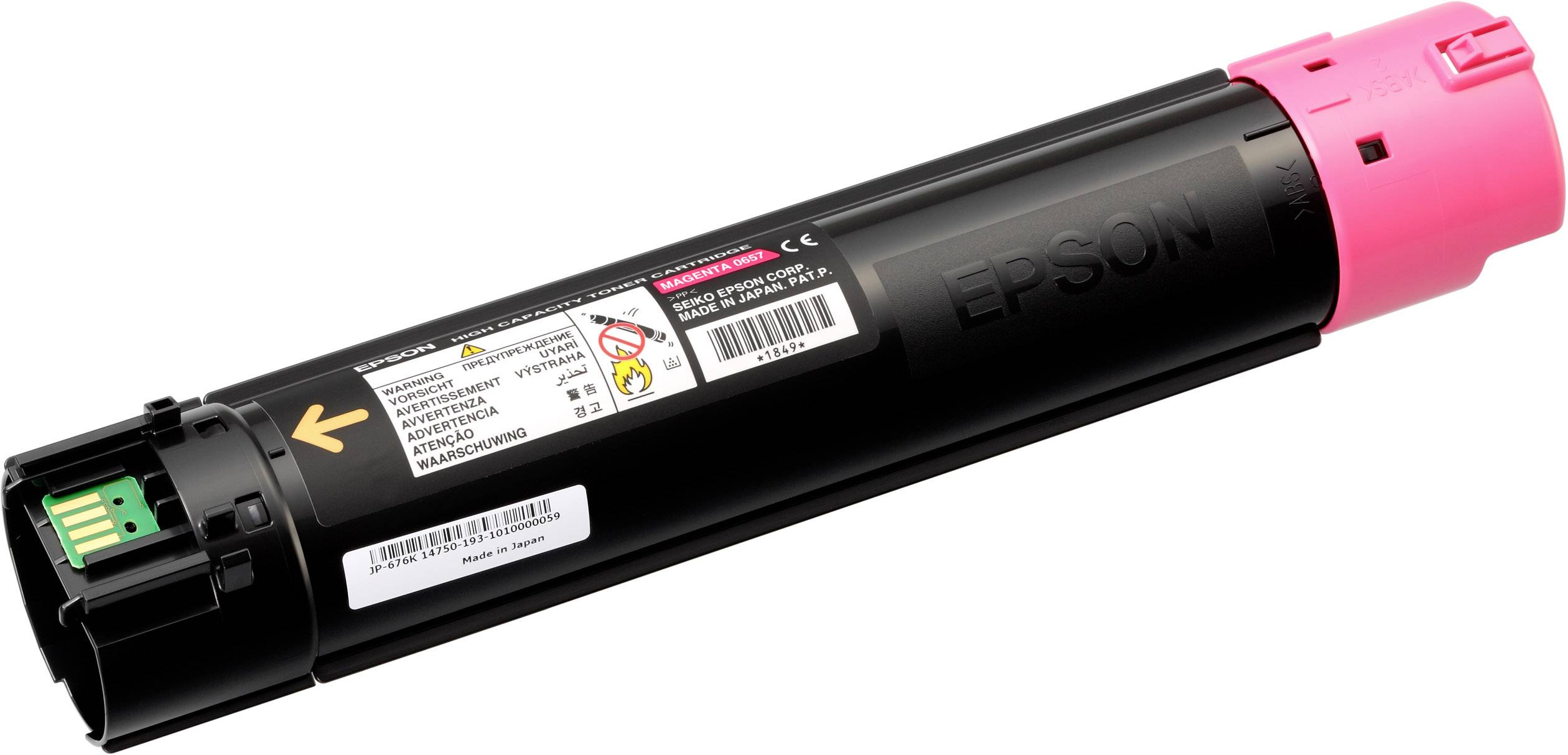 Magenta-Farbtonerpatrone für Epson-Drucker, zylindrische Form, mit Etikett, Pfeil und markanter rosa Kappe rechts.