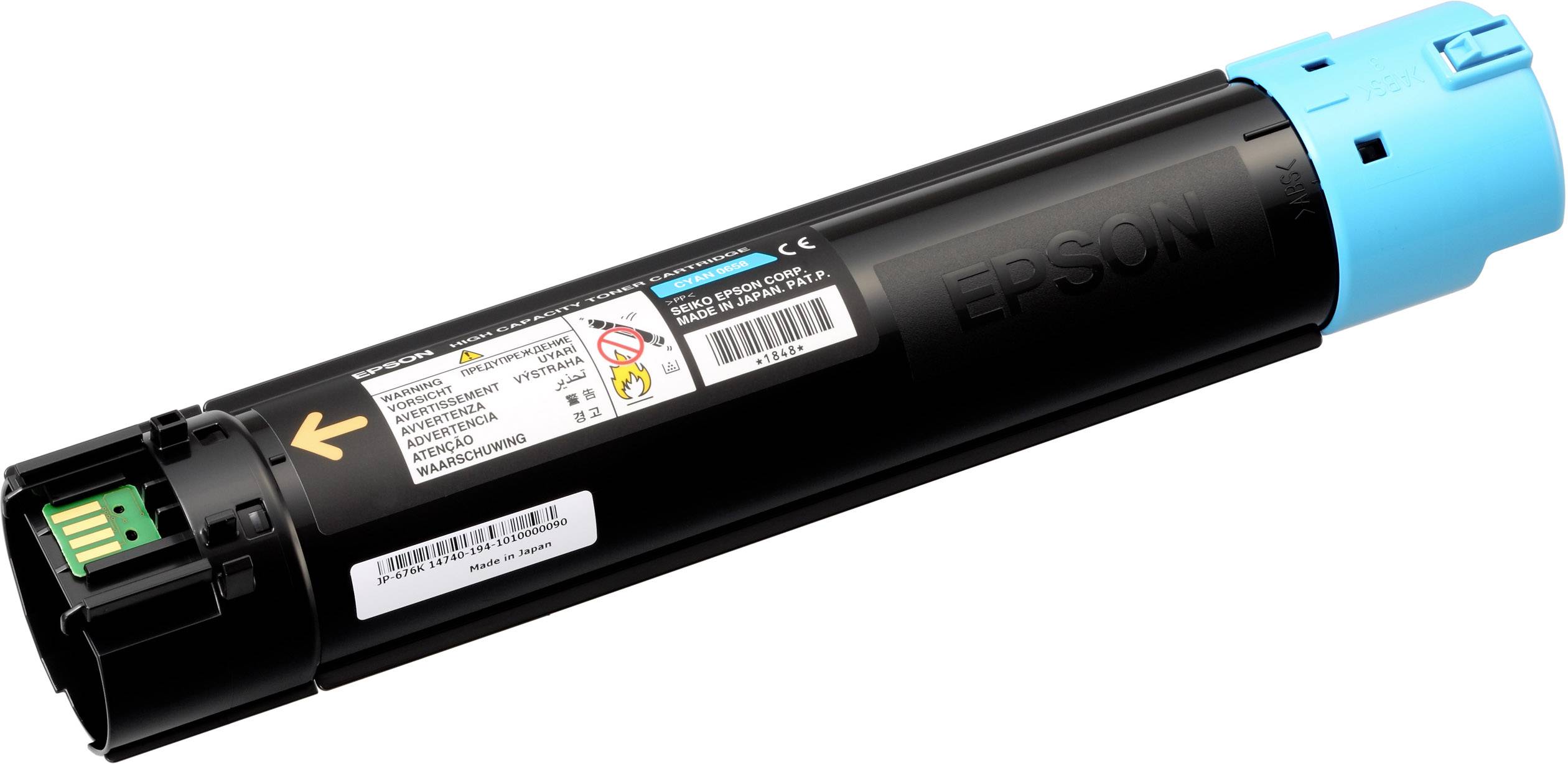 Zylinderförmige Druckertonerkartusche für einen Epson-Drucker, schwarz mit blauem Ende und Etikett mit technischen Details und Warnhinweisen.