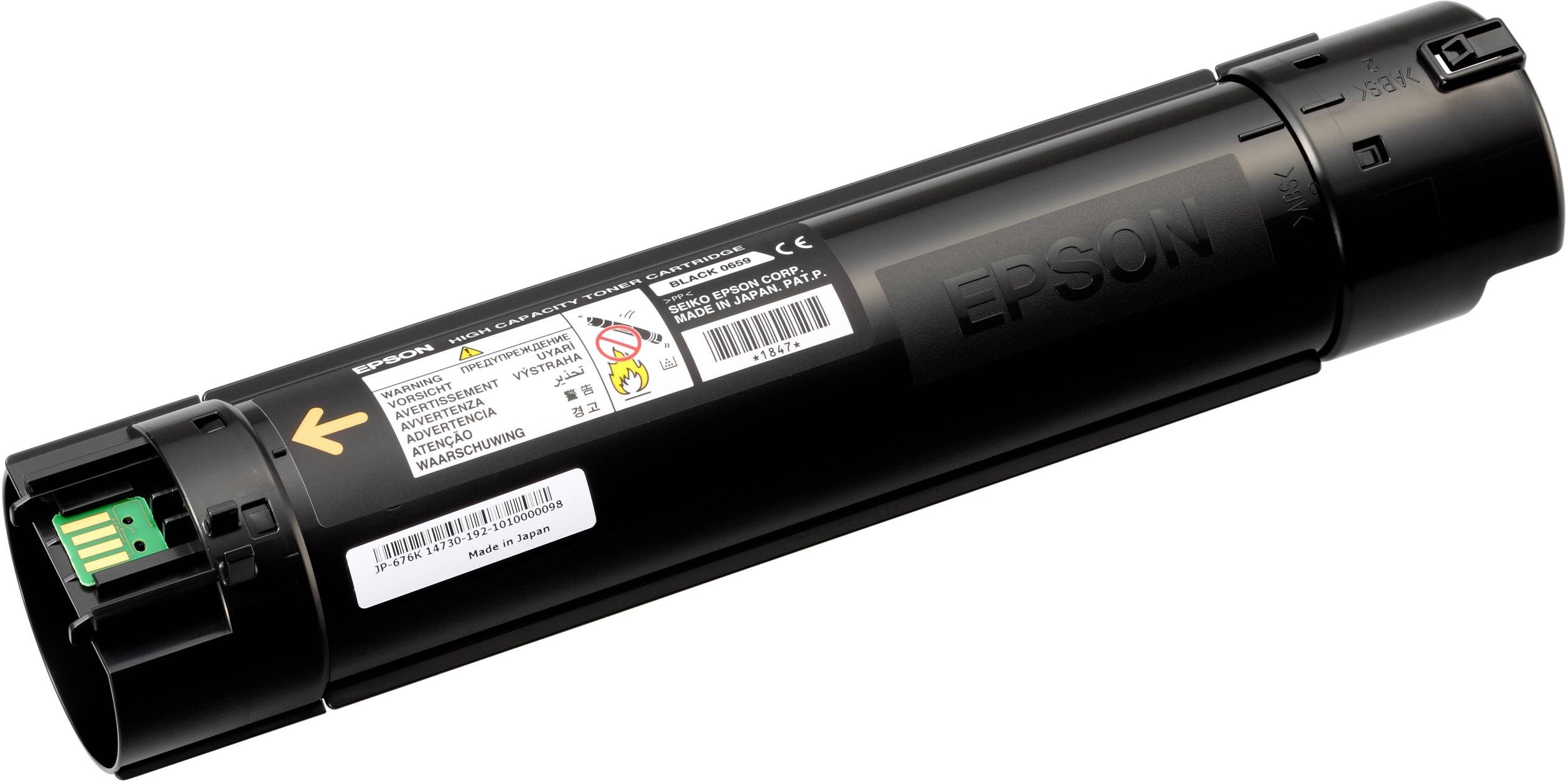 Ein schwarzer Druckertoner mit Beschriftungen und einem orangefarbenen Pfeil. Markenname 'Epson' seitlich sichtbar.