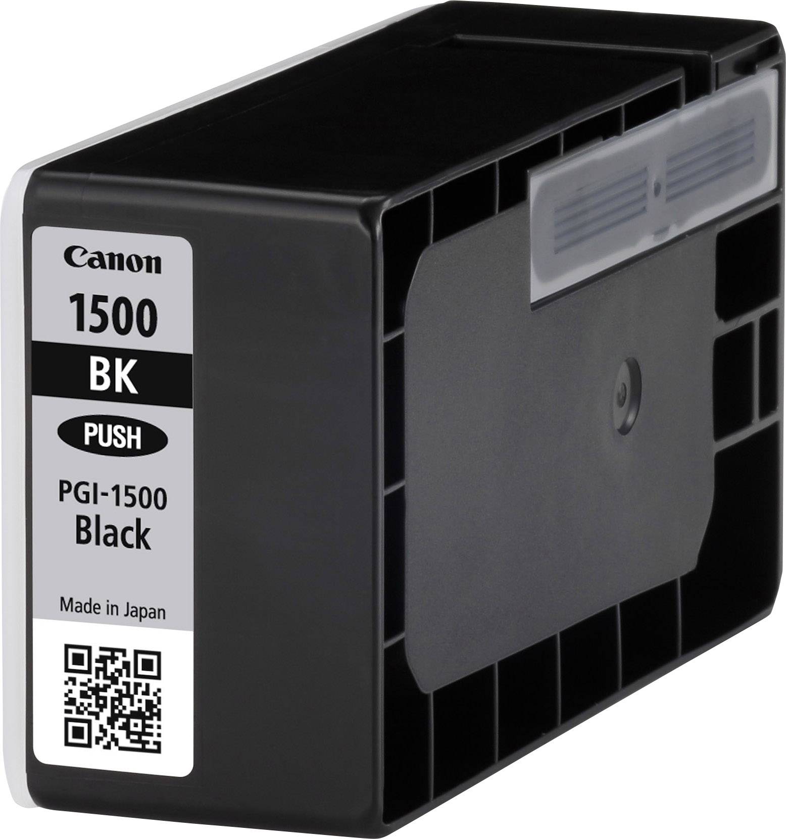 Schwarze Tintenpatrone der Marke Canon, Modell PGI-1500 BK, für Drucker, mit QR-Code und 'Made in Japan' auf dem Etikett.