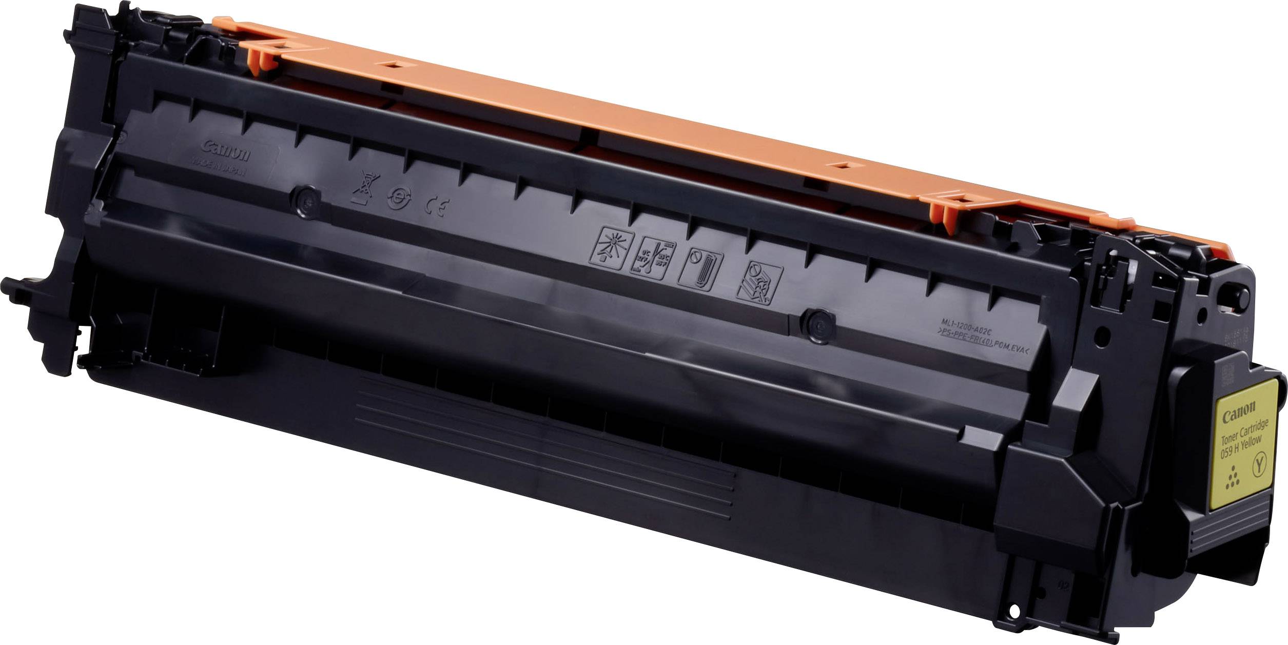 Eine schwarze Tonerkartusche für einen Drucker, mit orangefarbenem Schutz auf der Oberseite und einem gelben Etikett an der Seite.