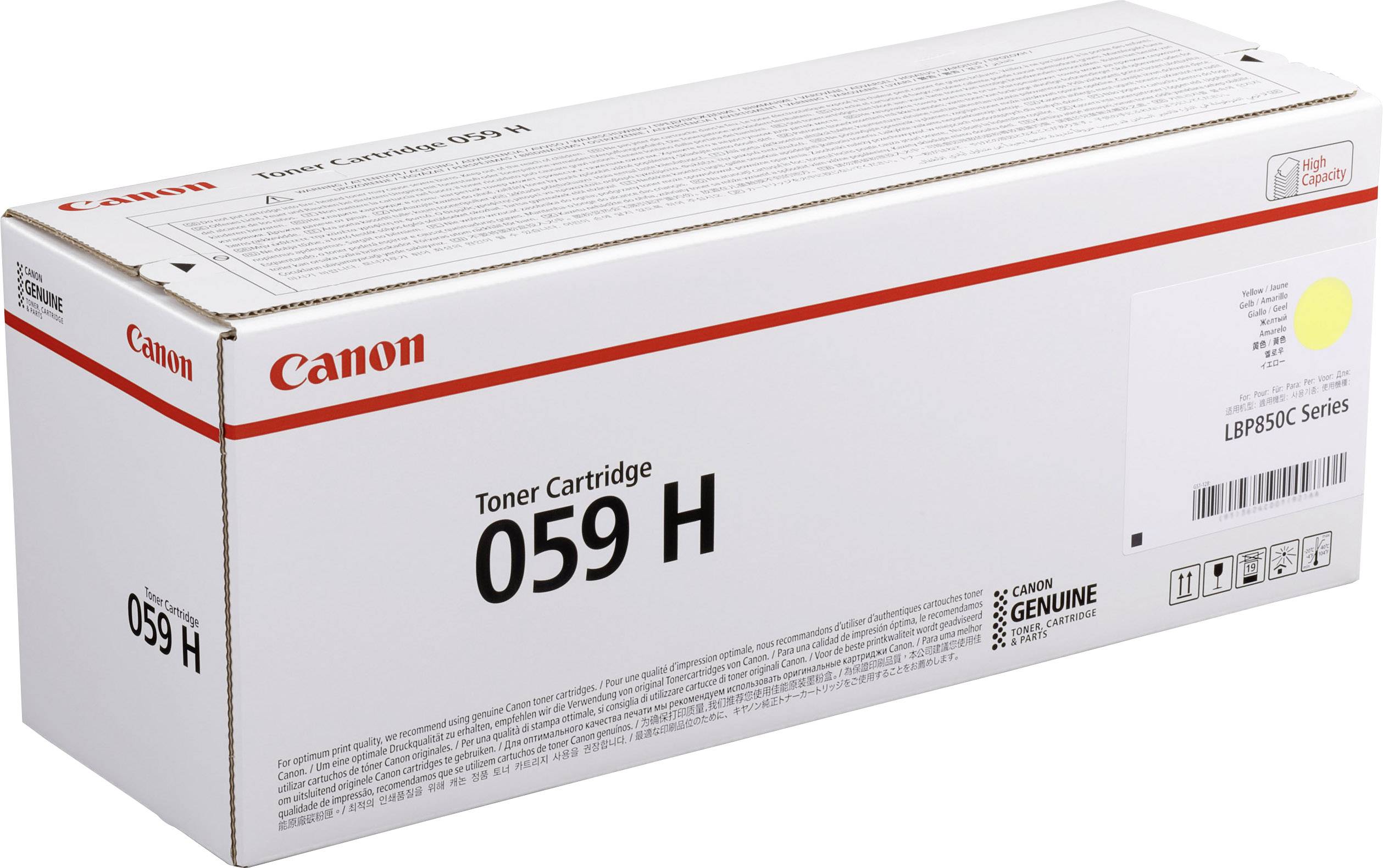 Weiße Kartonverpackung einer Canon Tonerkartusche 059 H, für LBP850C-Serie. Enthält Markenlogo, Seriennummer und Produktschriftzug.
