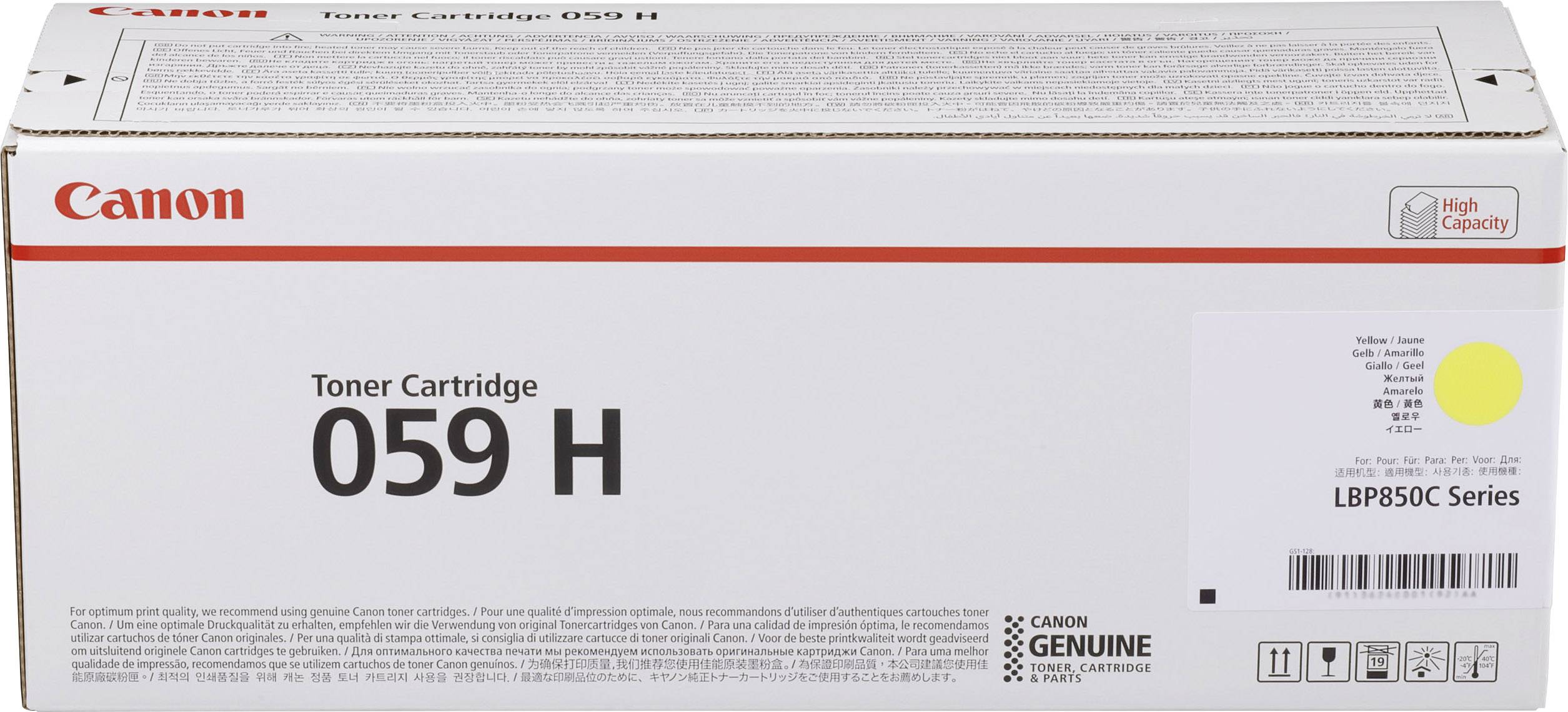Weiße Verpackung einer Canon Tonerkartusche '059 H' für die LBP850C-Serie, mit hohem Druckvolumen.