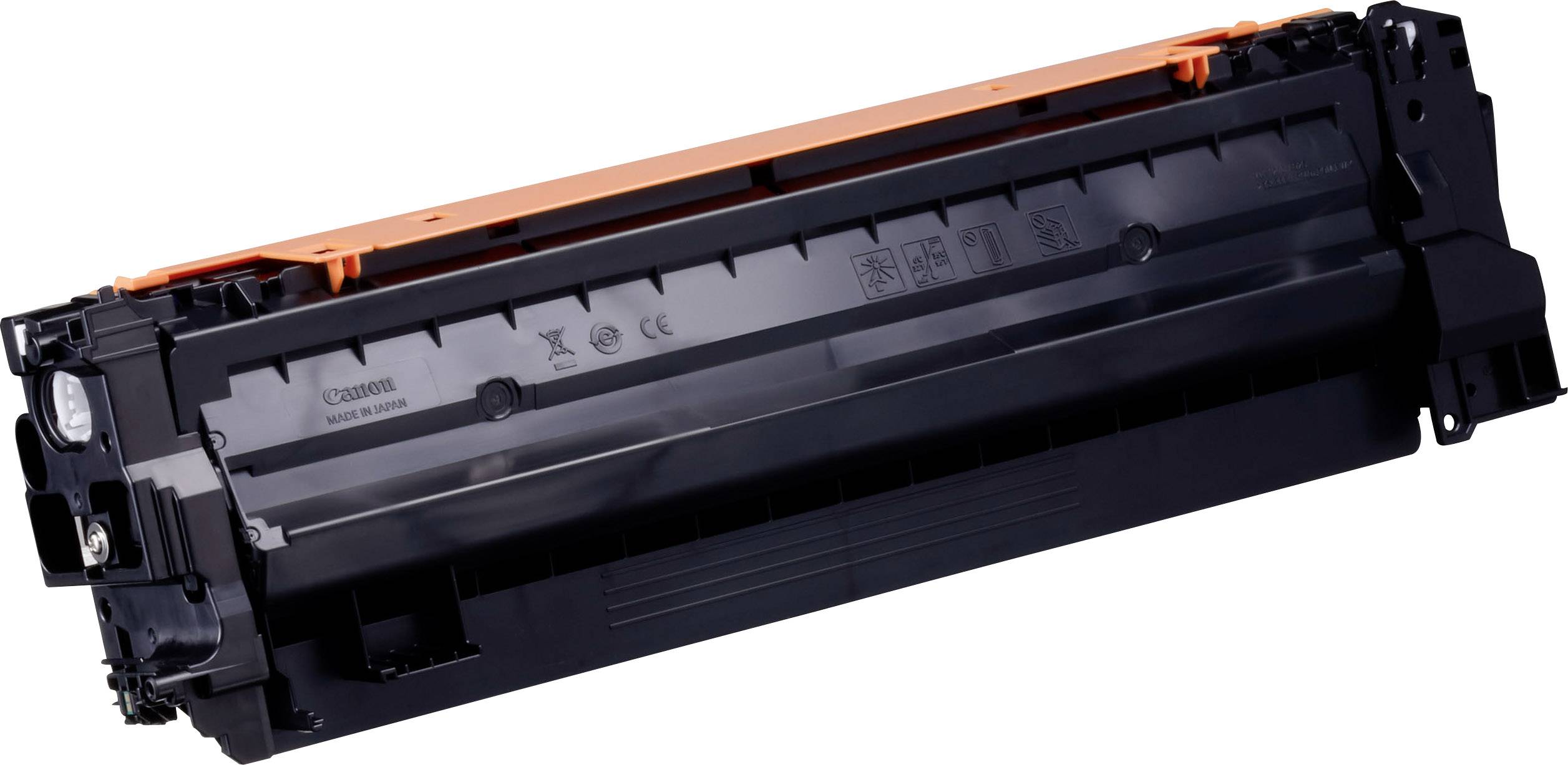 Drucker-Tonerkartusche in Schwarz und Orange, schräg fotografiert, mit sichtbaren Recyclingsymbolen und Seriennummern.